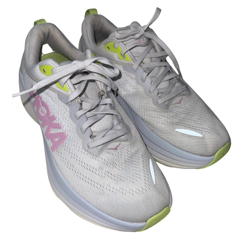 Hoka One One Bondi 8 Womens Running Shoes 10B White Pink‎ Lime